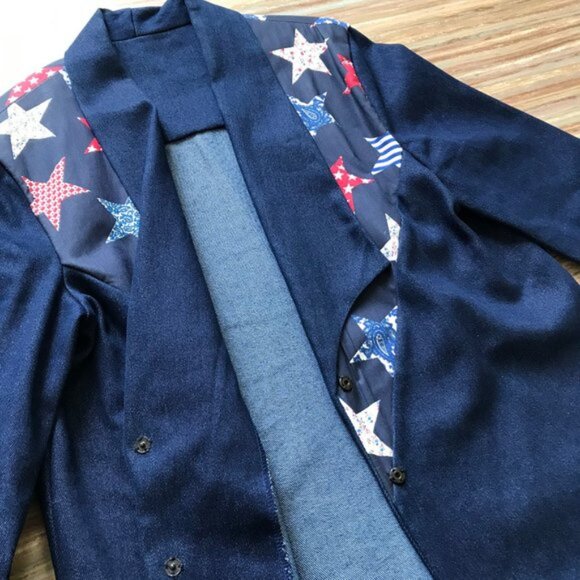 Americana Western Blazer Jacket Denim  Star Print with Concho Snaps Home Made - Picture 5 of 7